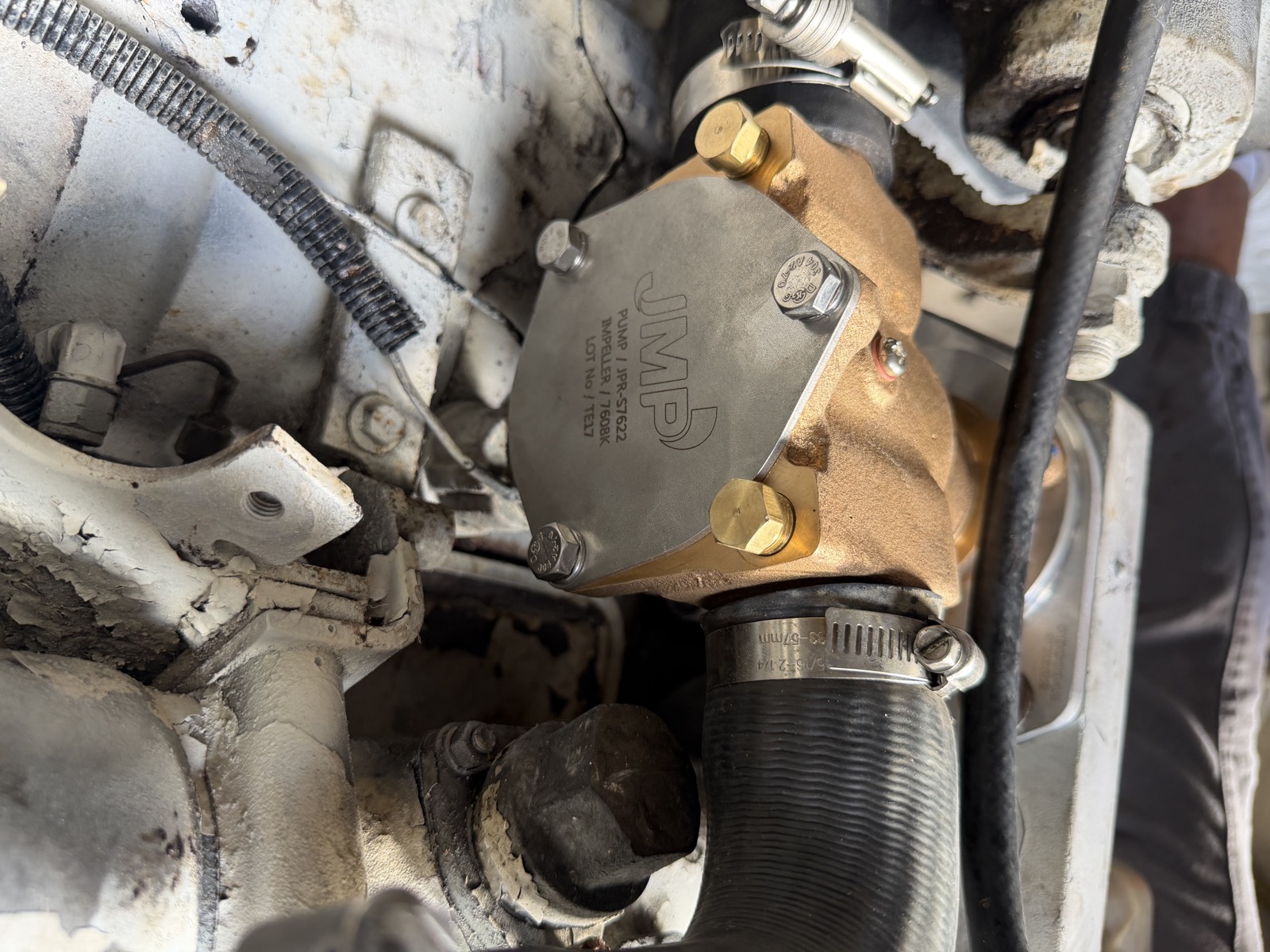 Raw-water pump and cooling hoses on a marine engine