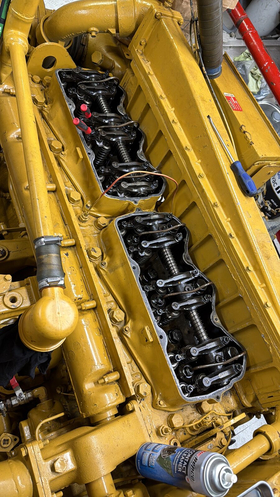Caterpillar diesel engine mid-rebuild with cylinder head removed