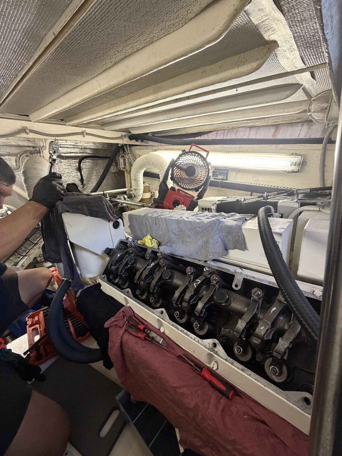 Marine diesel engine rebuild — valve cover removed
