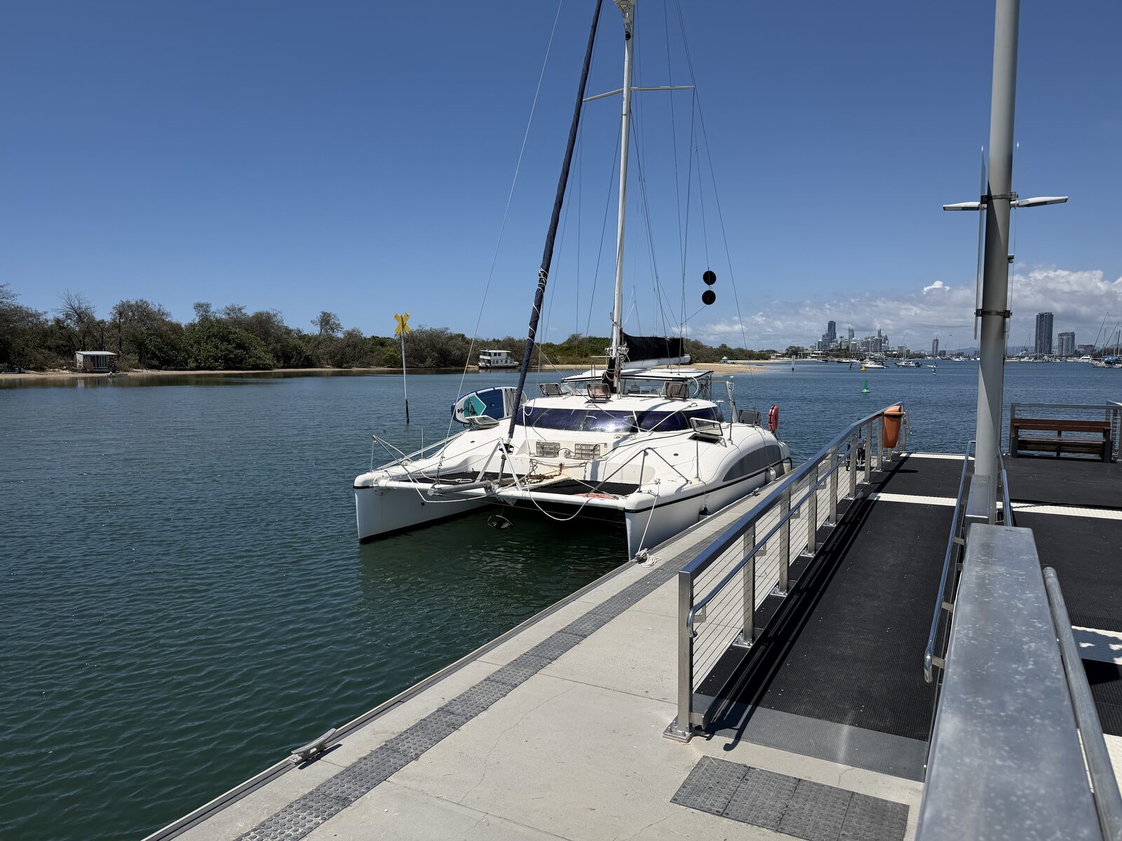 Catamaran moored on the Gold Coast with Surfers Paradise skyline