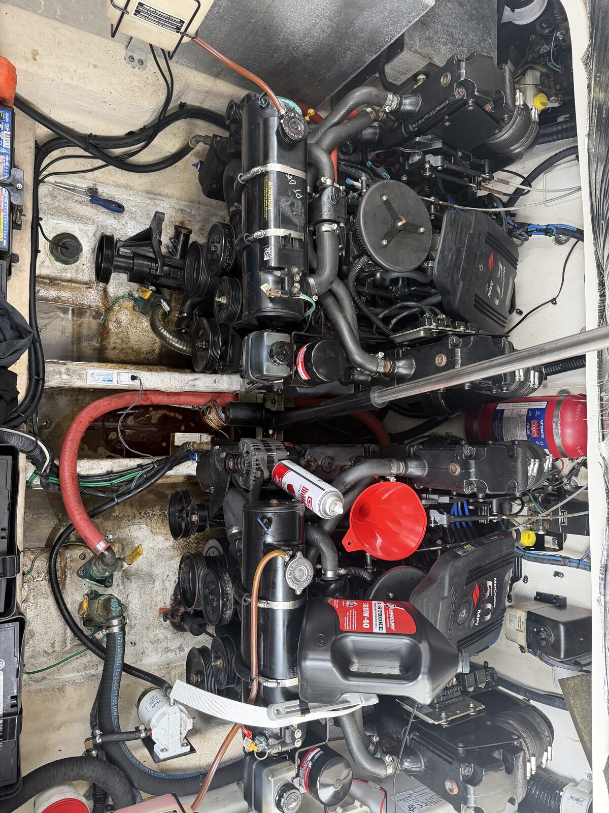 Twin petrol marine engines in engine bay